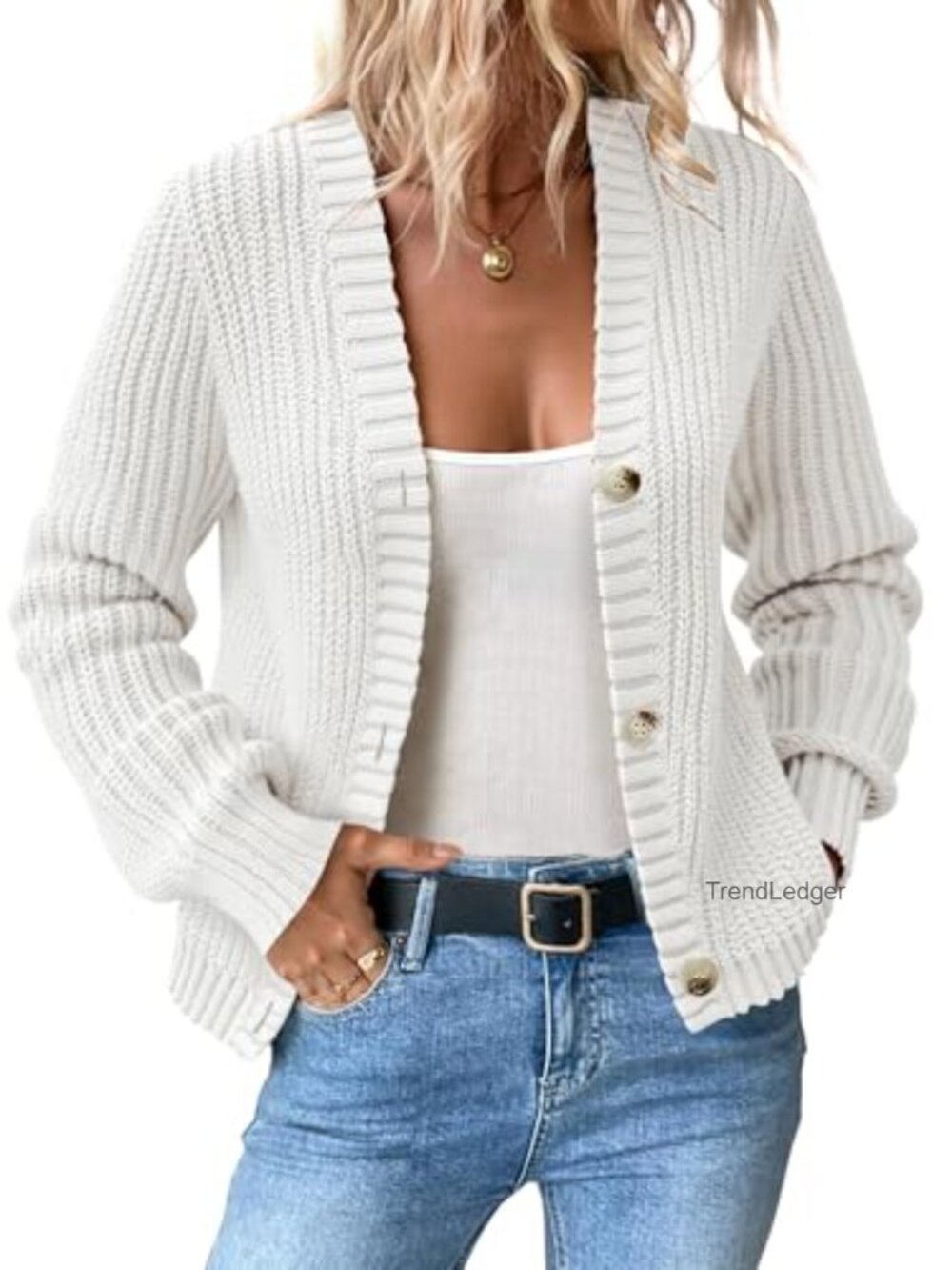 Chunky Knit Cardigan - Waffle Button Down Oversized V Neck Fall Sweater - Picture 2 of 6
